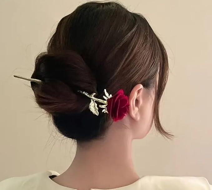 Red Rose Hair Stick with golden Stem