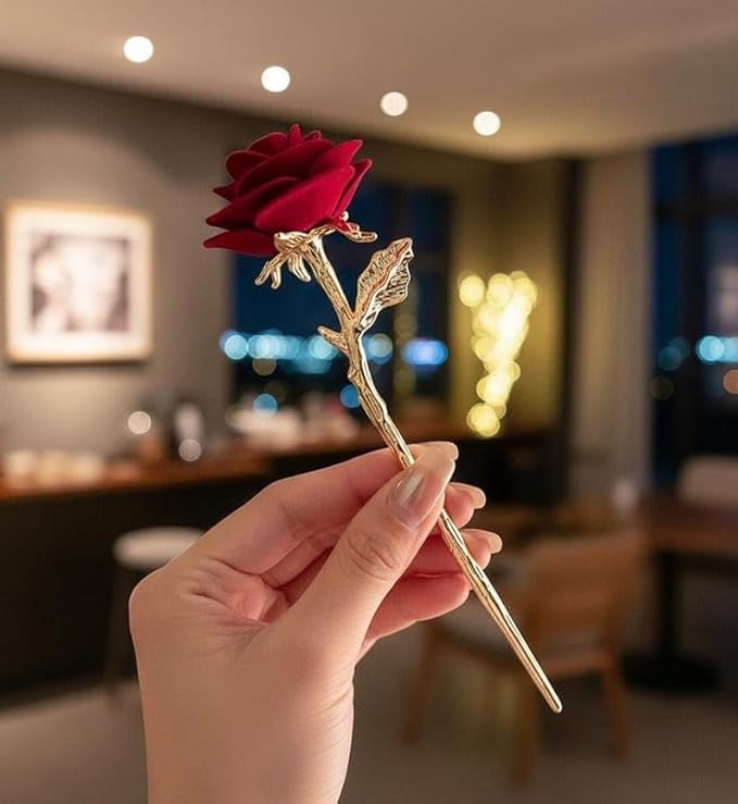 Red Rose Hair Stick with golden Stem