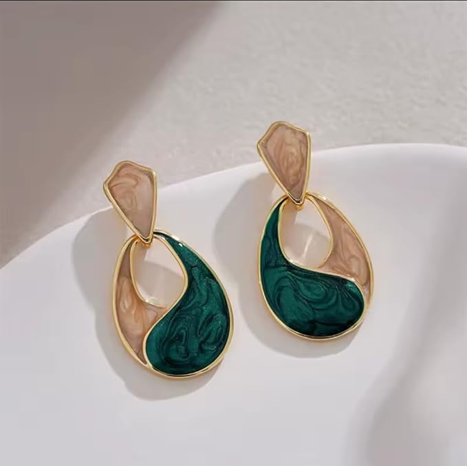 Green Enamel Hollow Water Drop Earrings