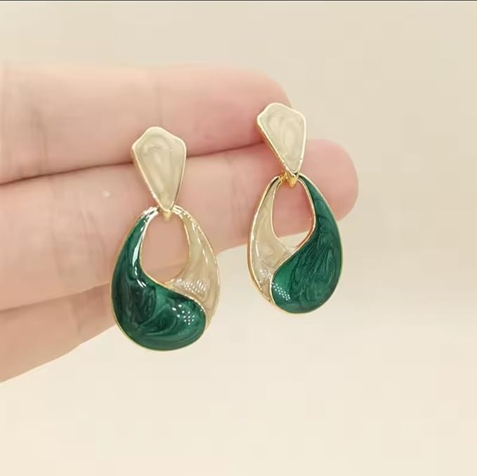 Green Enamel Hollow Water Drop Earrings