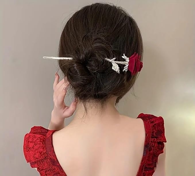 Red Rose Hair Stick with golden Stem