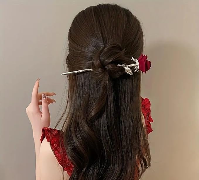 Red Rose Hair Stick with golden Stem